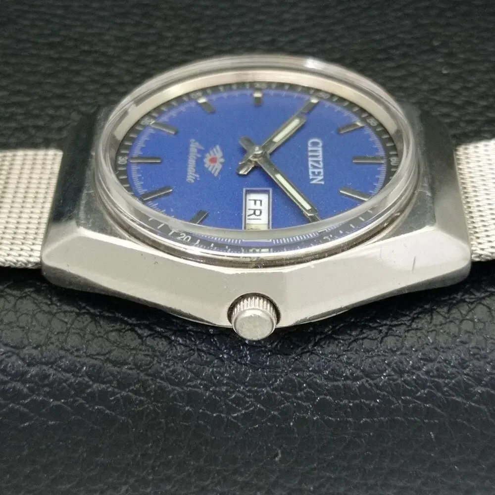 Vintage 1981 Citizen Automatic Mens Silver Watch W/daydate & Blue accents